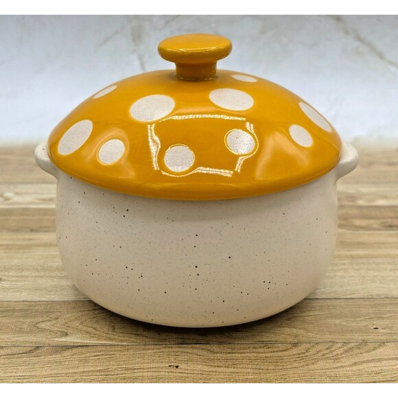 World Market Spotted Mushroom Lidded Soup Crock Gold Yellow Speckled Stoneware - Picture 3 of 14